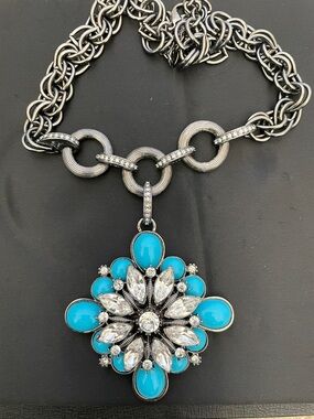 R.J. Graziano turquoise cross flower gunmetal rhinestone statement necklace